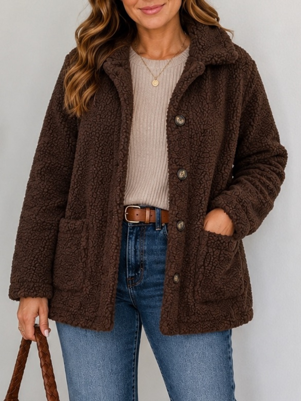Bernardo Faux Sherpa Barn Jacket Brown Teddy Coat Button Front Women’s Small